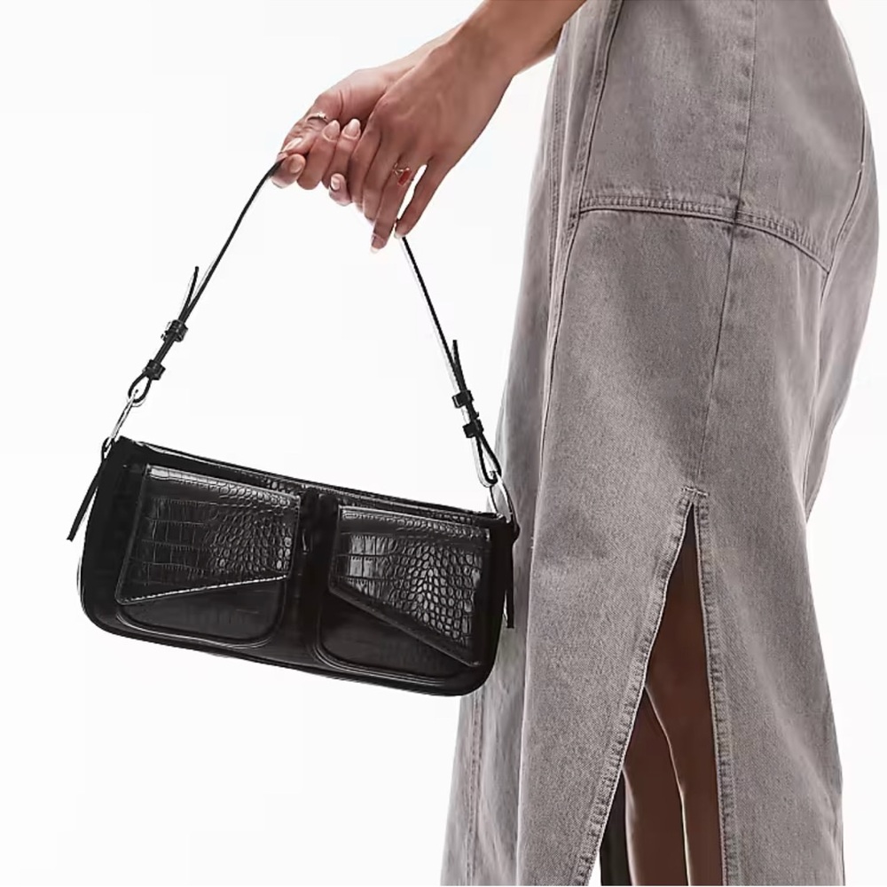NWT TOPSHOP Saffron Structured Double Pocket Shoulder Bag in Black Croc